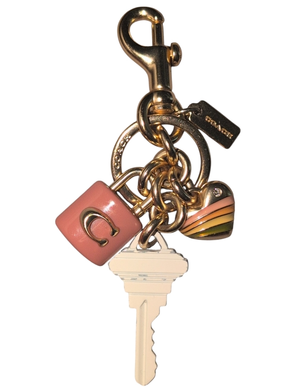 Coach Key Cluster Bag Charm Key Chain  CP891 Gold Pink Logo Heart/Lock Mauve